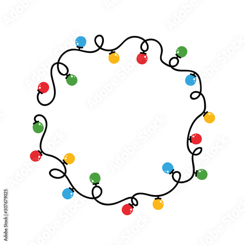 Vector cartoon round frame of tangled wire with colorful christmas lights.