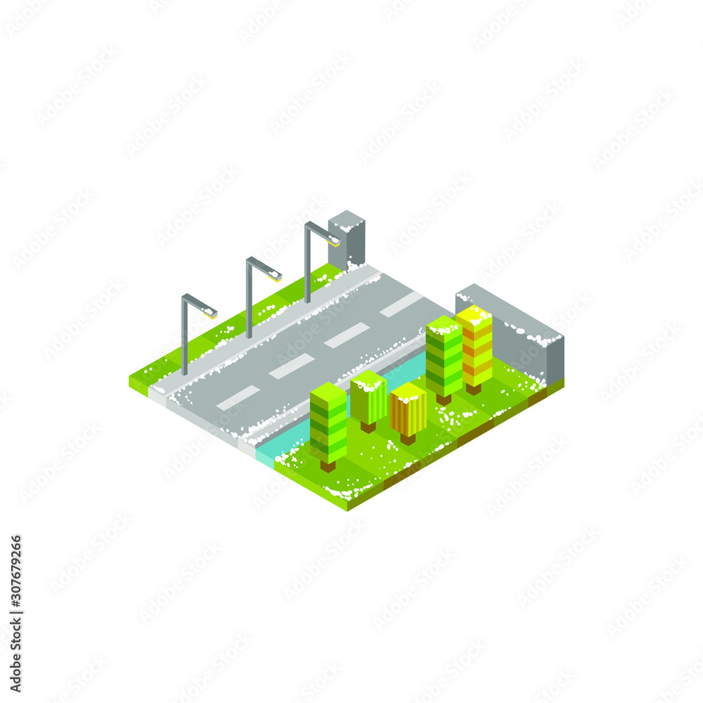 One block of isometric road, vector flat cartoon illustration, one part of isometric city