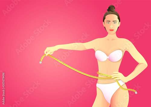 stock vector illustration of slim woman holding measuring tape on waist. describe healthy, body goals, body care, and weight loss