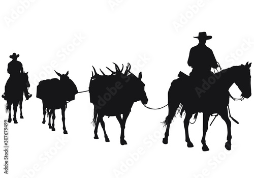 Vector silouettes of two cowboys and two pack mules. One of the pack mules is carrying an elk from a successful hunt.
