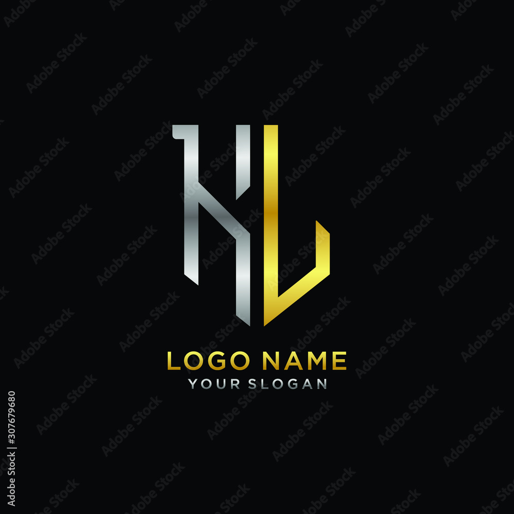 Abstract letter KL shield logo design template. Premium nominal monogram business sign.shield shape Letter Design in silver gold color Abstract letter KL shield logo design template. Premium nominal monogram business sign.shield shape Letter Design in silver gold color
