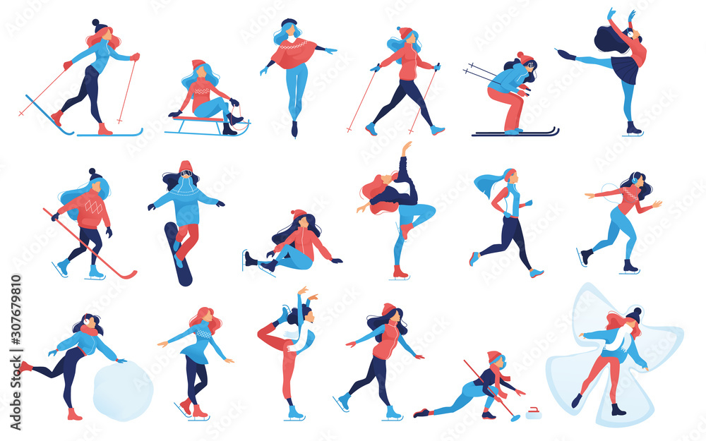 Set of Winter sport and recreation illustrations. Girls doing ice skating, skiing, snowboarding, girl on sledge, Hockey, curling, skier, simple skater, outdoor snow games, cartoon characters. Vector