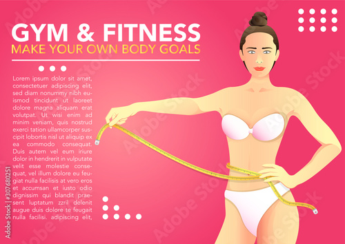 stock vector illustration of slim woman holding measuring tape on waist banner. describe healthy, body goals, body care, and weight loss