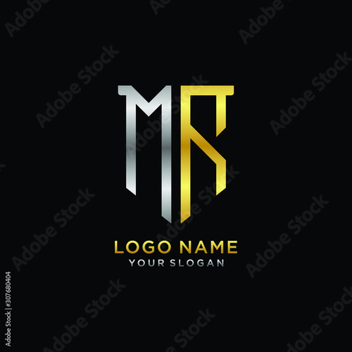 Abstract letter MR shield logo design template. Premium nominal monogram business sign.shield shape Letter Design in silver gold color