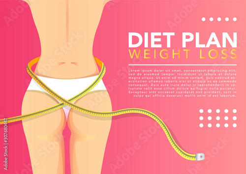 stock vector illustration of slim woman waist with measuring tape from back view banner. describe healthy, body goals, body care, and weight loss