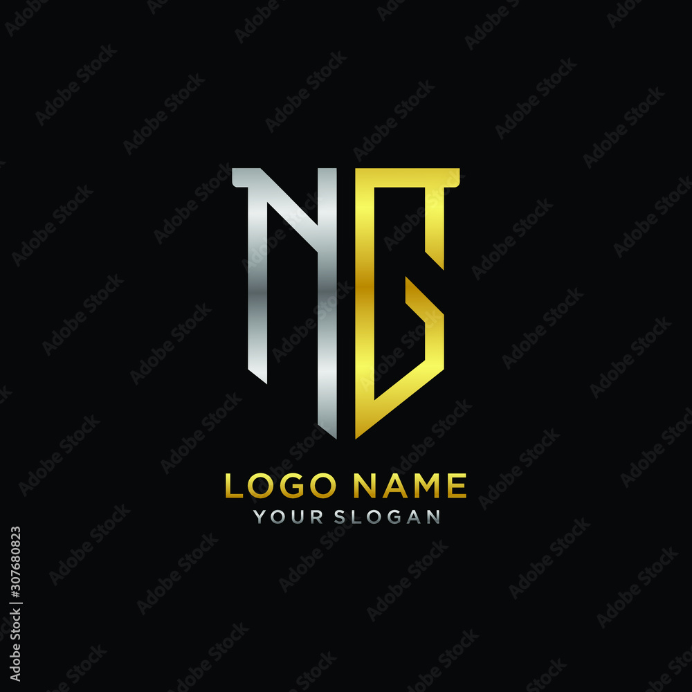 Abstract letter NG shield logo design template. Premium nominal monogram business sign.shield shape Letter Design in silver gold color Abstract letter NG shield logo design template. Premium nominal monogram business sign.shield shape Letter Design in silver gold color