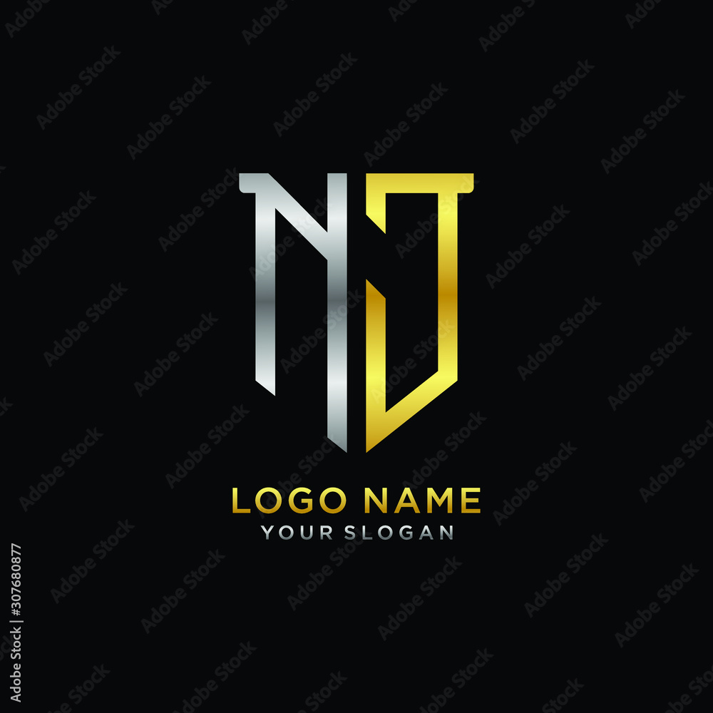 Obraz premium Abstract letter NJ shield logo design template. Premium nominal monogram business sign.shield shape Letter Design in silver gold color