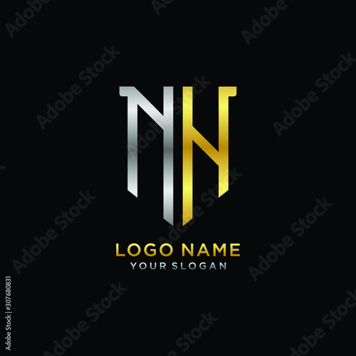 Abstract letter NH shield logo design template. Premium nominal monogram business sign.shield shape Letter Design in silver gold color