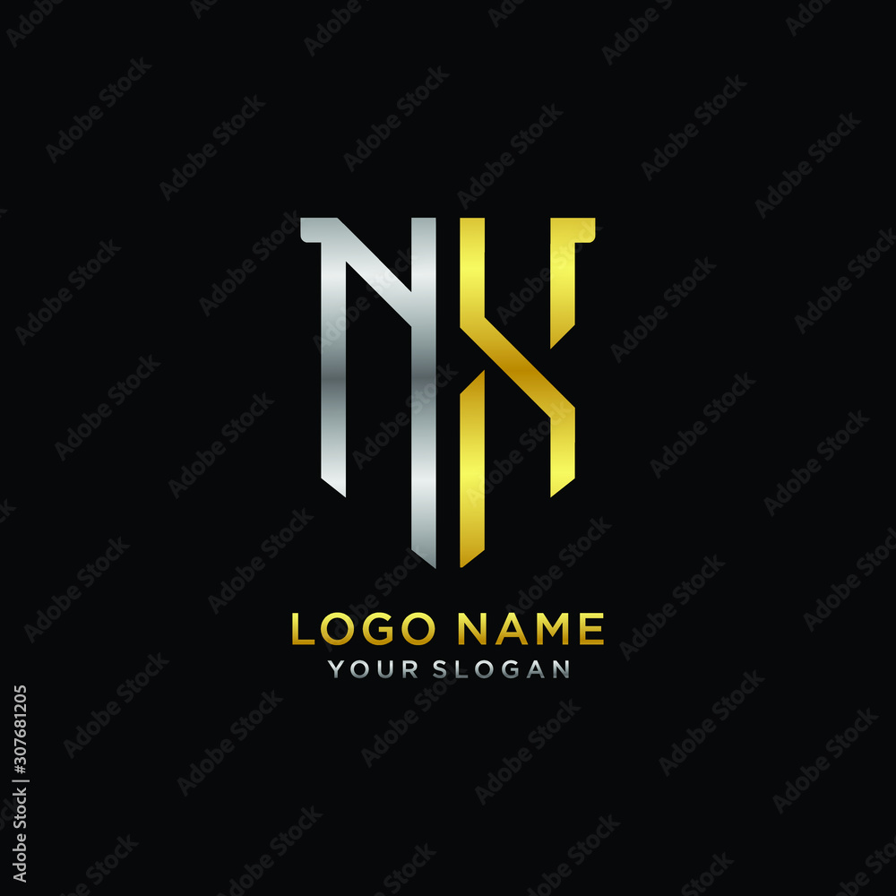 Obraz premium Abstract letter NX shield logo design template. Premium nominal monogram business sign.shield shape Letter Design in silver gold color