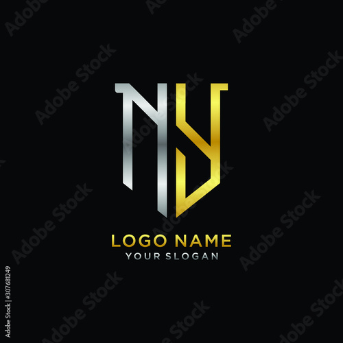 Abstract letter NY shield logo design template. Premium nominal monogram business sign.shield shape Letter Design in silver gold color