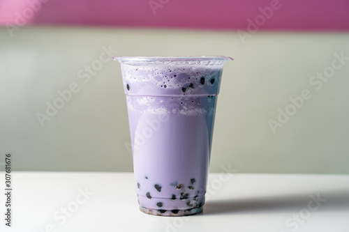 Taro bubble tea. Boba tea Thai drink now popular and trending in the United States.