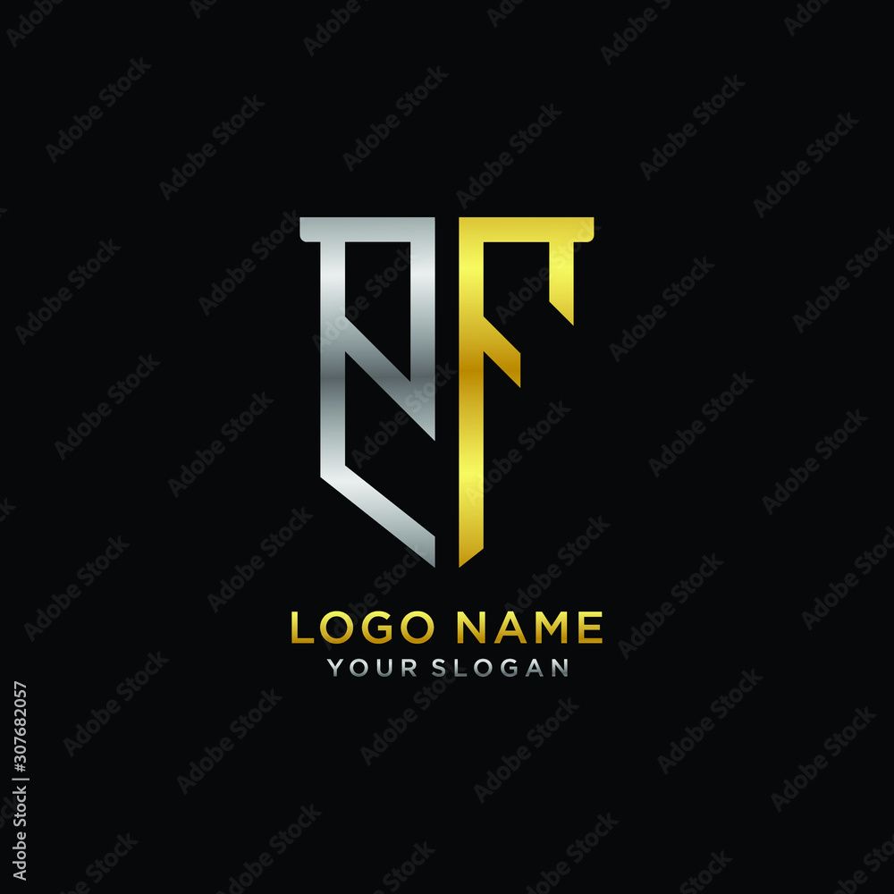 Obraz premium Abstract letter PF shield logo design template. Premium nominal monogram business sign.shield shape Letter Design in silver gold color