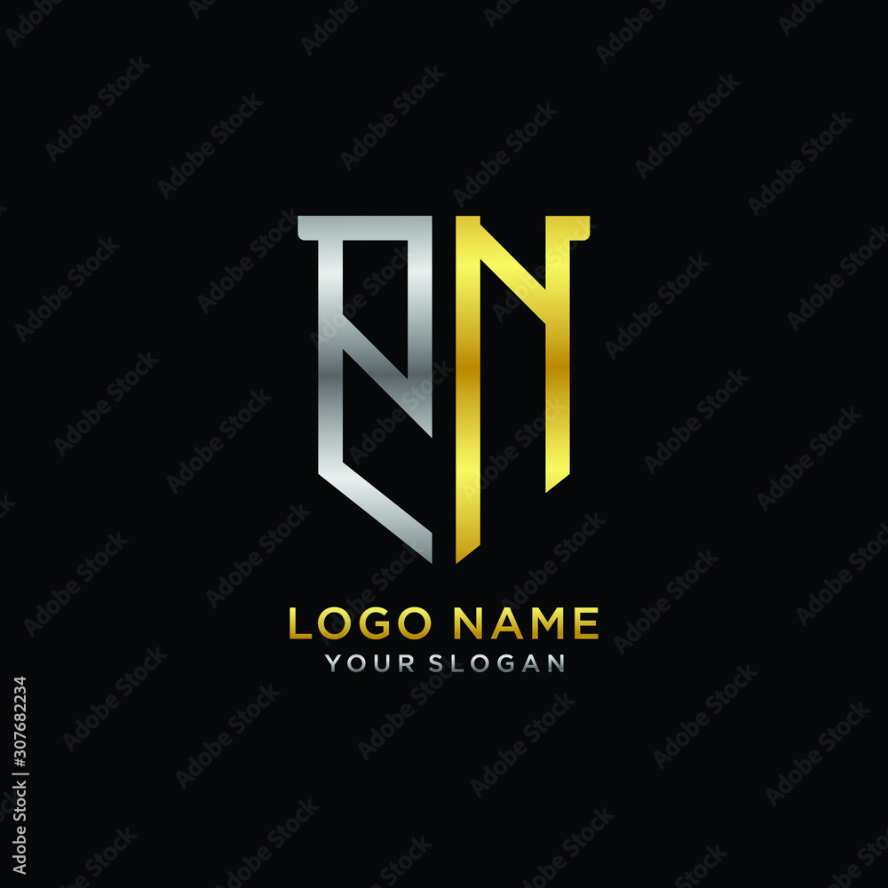 Abstract letter PN shield logo design template. Premium nominal monogram business sign.shield shape Letter Design in silver gold color Abstract letter PN shield logo design template. Premium nominal monogram business sign.shield shape Letter Design in silver gold color