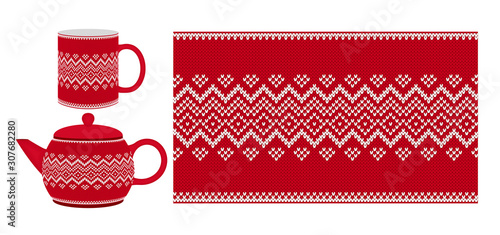 Red cup, teapot with knitting texture. Seamless pattern. Vector illustration.