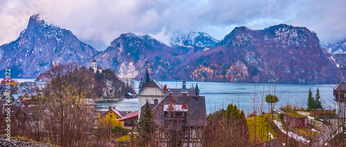 Panorama of Traunkirchen village in the evening, Austria photo