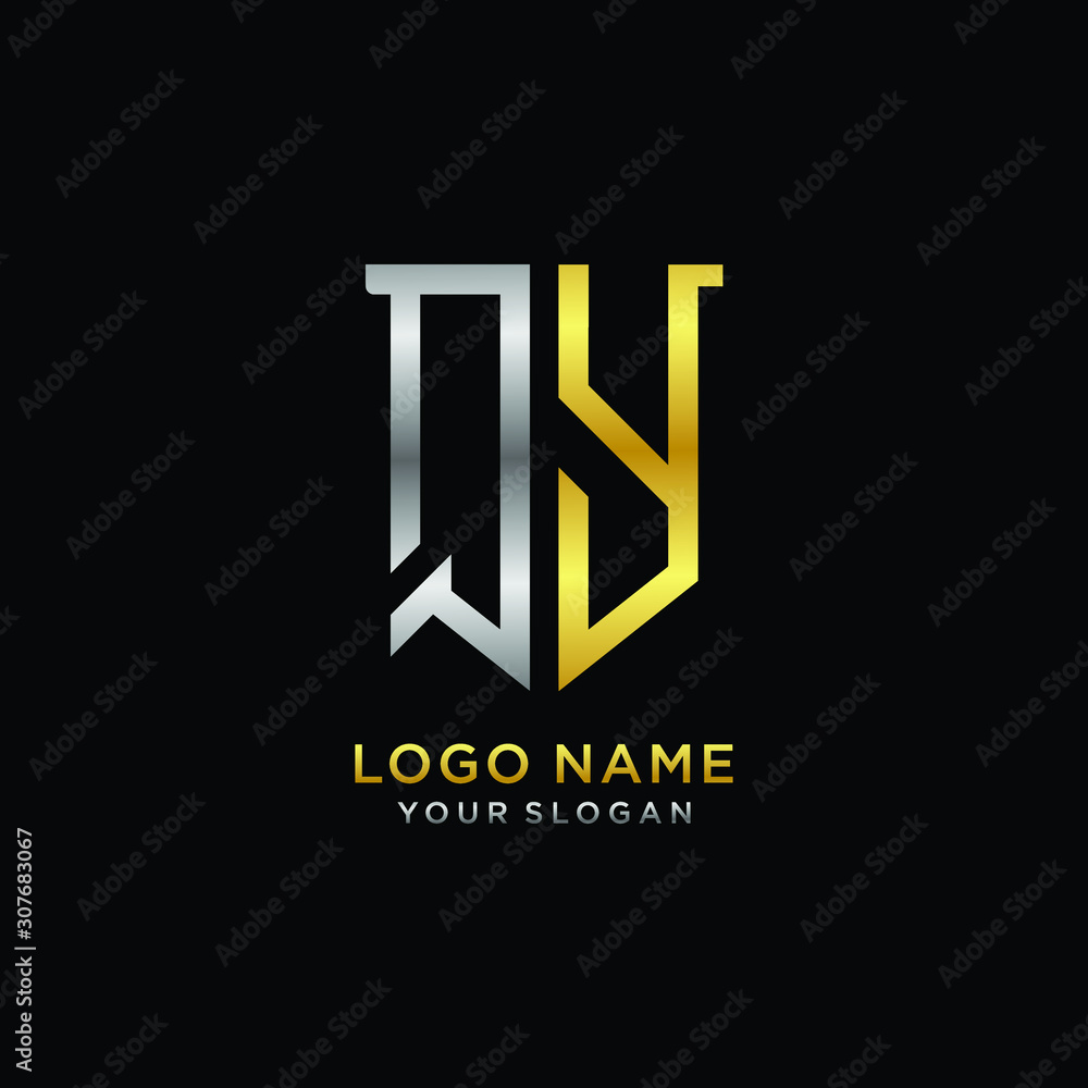 Obraz premium Abstract letter QY shield logo design template. Premium nominal monogram business sign.shield shape Letter Design in silver gold color
