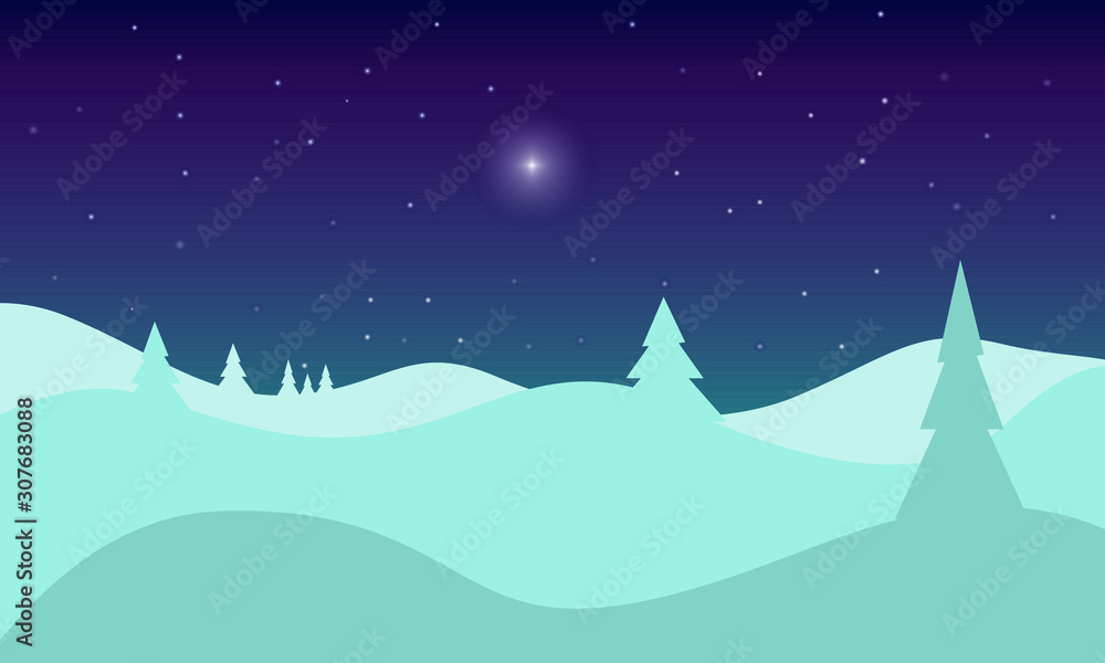 Winter landscape with hills and christmas tree. Winter season. Night sky with light star. Horizontal vector wallpaper for background, banner, website.