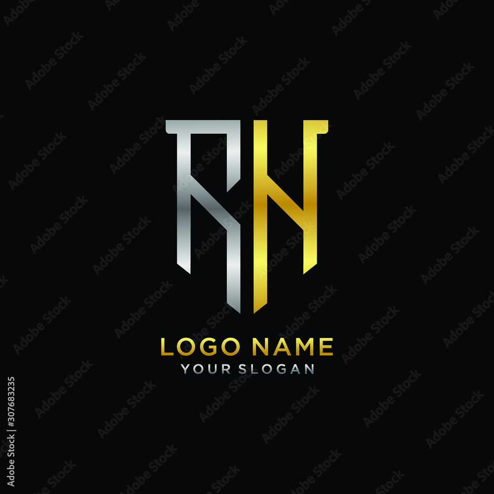 Abstract letter RH shield logo design template. Premium nominal monogram business sign.shield shape Letter Design in silver gold color Abstract letter RH shield logo design template. Premium nominal monogram business sign.shield shape Letter Design in silver gold color