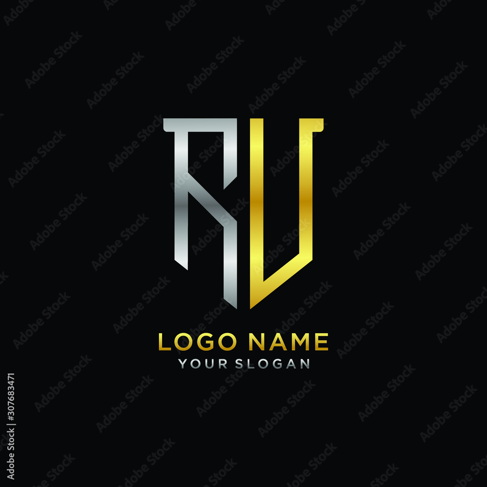 Abstract letter RU shield logo design template. Premium nominal monogram business sign.shield shape Letter Design in silver gold color Abstract letter RU shield logo design template. Premium nominal monogram business sign.shield shape Letter Design in silver gold color