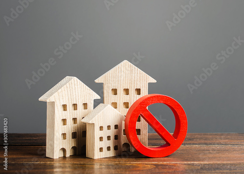 Photography Apartment buildings and red prohibition symbol NO