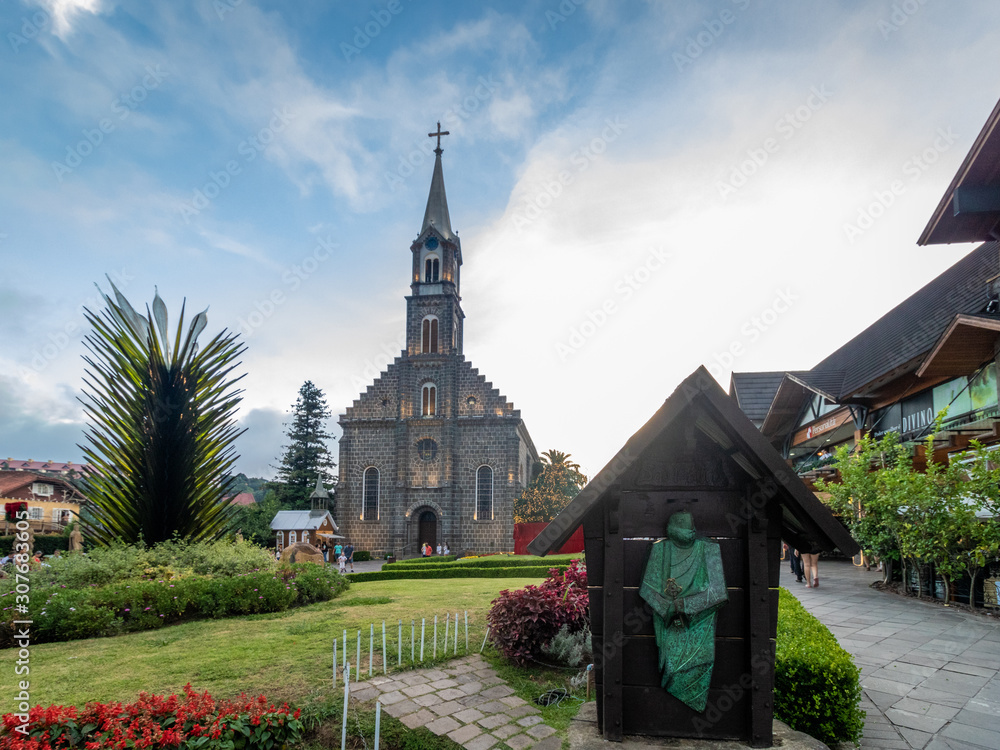 Church and garden in the city of gramado in southern Brazil