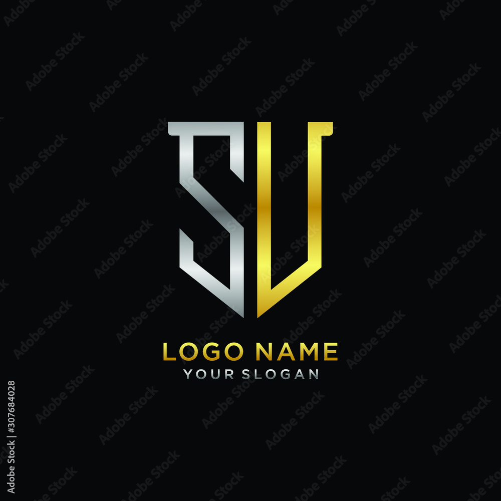 Obraz premium Abstract letter SU shield logo design template. Premium nominal monogram business sign.shield shape Letter Design in silver gold color