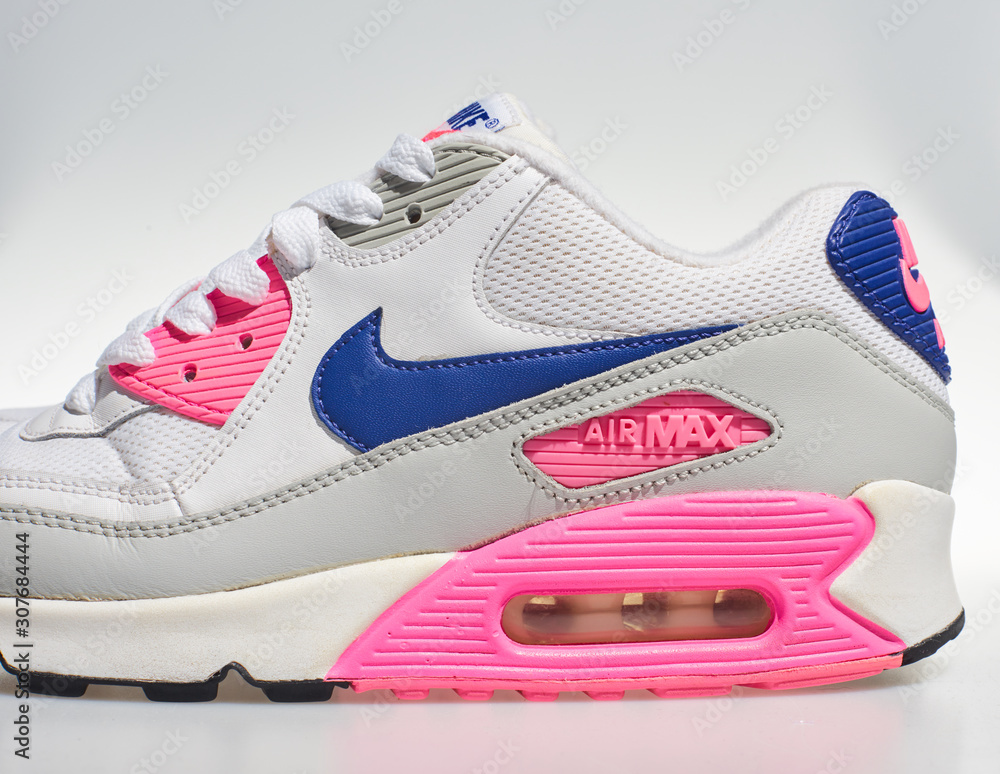 englabnd, 05/08/2018 Nike Air max 90s, White, pink, purple, Nike air max retro classic sneaker trainers. Nike sport and street wear fashionable athletic apparel. Isolated nikes. Stock Photo | Adobe Stock