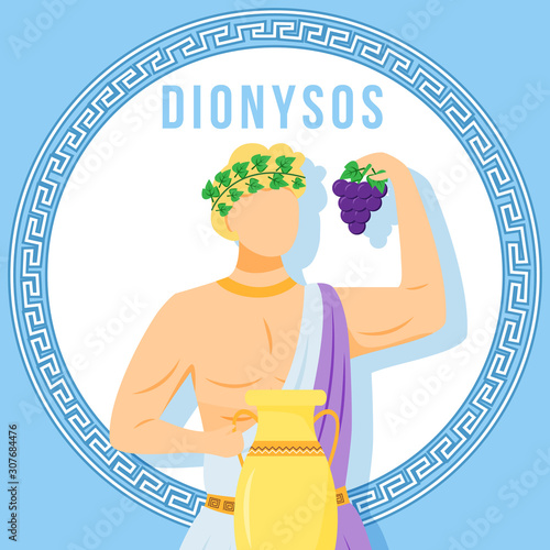 Dionysos blue social media post mockup. Ancient Greek god. Mythological figure. Web banner design template. Social media booster, content layout. Poster, printable card with flat illustrations