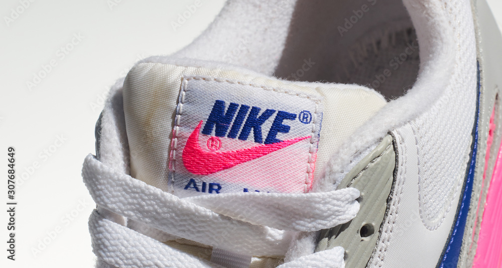 london, englabnd, 05/08/2018 Nike Air max 90s, White, pink, purple, Nike  air max retro classic sneaker trainers. Nike sport and street wear  fashionable athletic apparel. Isolated nikes. Stock Photo | Adobe Stock