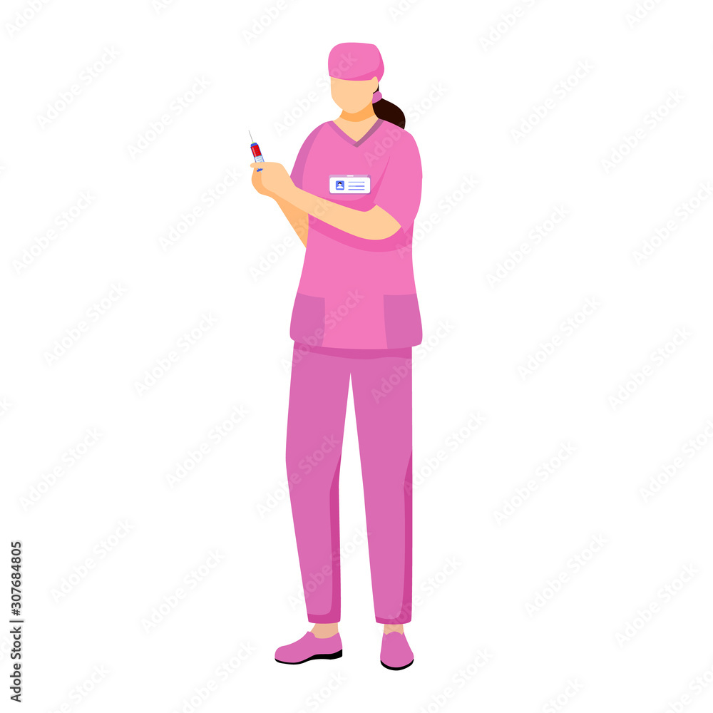 Nurse in pink uniform flat vector illustration. Medic with syringe cartoon character. Professional hospital midwife. Physician, doctor doing procedure. Medicine and healthcare worker isolated on white Nurse in pink uniform flat vector illustration. Medic with syringe cartoon character. Professional hospital midwife. Physician, doctor doing procedure. Medicine and healthcare worker isolated on white