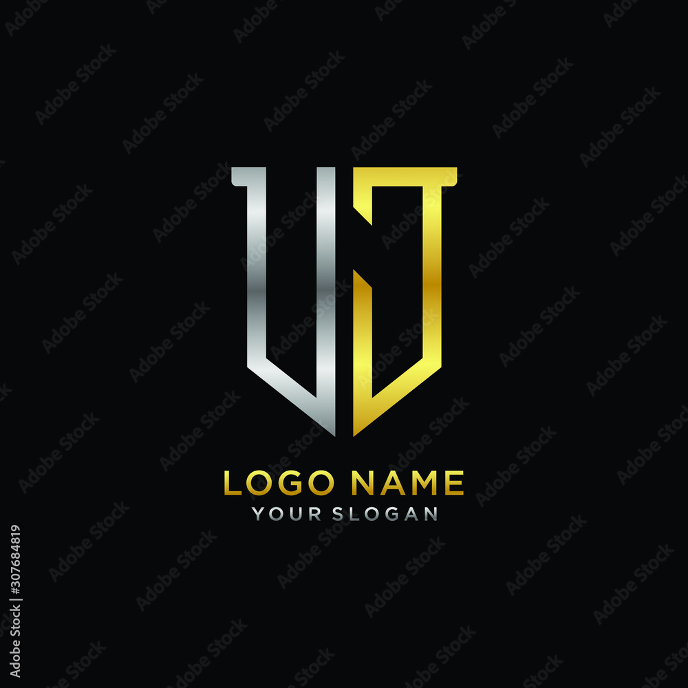 11 Abstract letter UJ shield logo design template. Premium nominal monogram business sign.shield shape Letter Design in silver gold color 11 Abstract letter UJ shield logo design template. Premium nominal monogram business sign.shield shape Letter Design in silver gold color