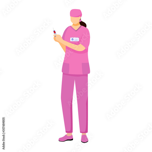 Nurse in pink uniform flat vector illustration. Medic with syringe cartoon character. Professional hospital midwife. Physician, doctor doing procedure. Medicine and healthcare worker isolated on white