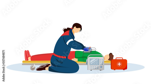 Paramedic giving first aid with defibrillator flat illustration. Emergency doctor, medic and injured patient cartoon characters. Reanimation, urgency care medical specialist, rescuer isolated on white