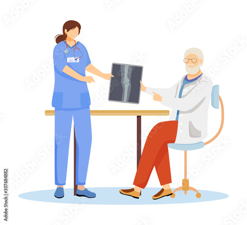 Orthopedics and traumatology flat vector illustration. Podiatrist with nurse cartoon character. Physician, doctor holding xray. Bone fracture, joint disease treatment. Traumatologist isolated on white