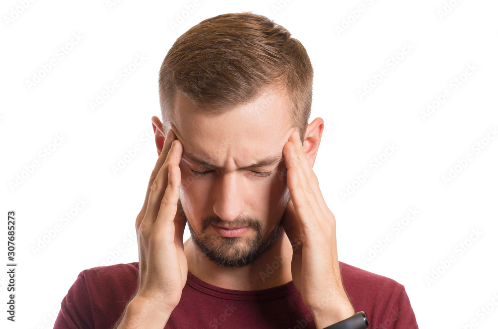 Portrait of guy holding hands on temples, headache concept Portrait of guy holding hands on temples, headache concept
