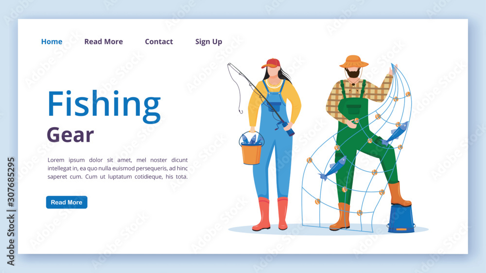 Fishing gear landing page vector template. Marine occupation website  interface idea with flat illustrations. Fisherman homepage layout. Fishing  equipment web banner, webpage cartoon concept Stock Vector
