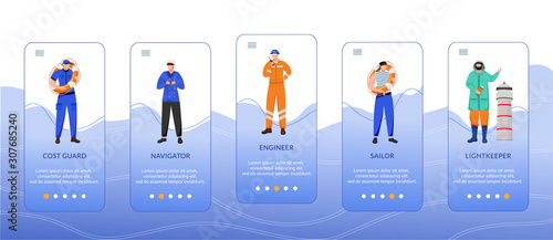 Maritime professions onboarding mobile app screen vector template. Coast guard, engineer and navigator. Walkthrough website steps with flat characters. UX, UI, GUI smartphone cartoon interface concept