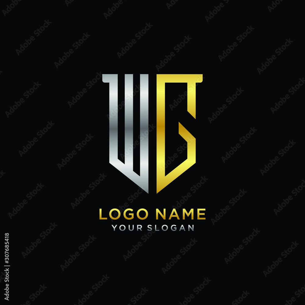 11 Abstract letter WG shield logo design template. Premium nominal monogram business sign.shield shape Letter Design in silver gold color 11 Abstract letter WG shield logo design template. Premium nominal monogram business sign.shield shape Letter Design in silver gold color