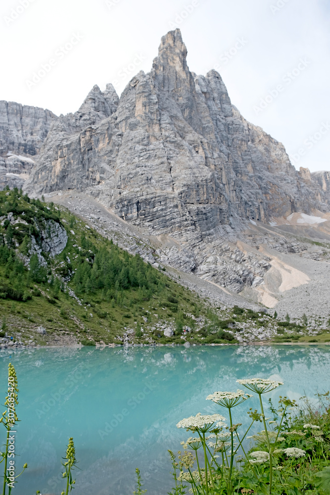 Spectacular view on the Sorapis Lake in the Dolomites, Italy