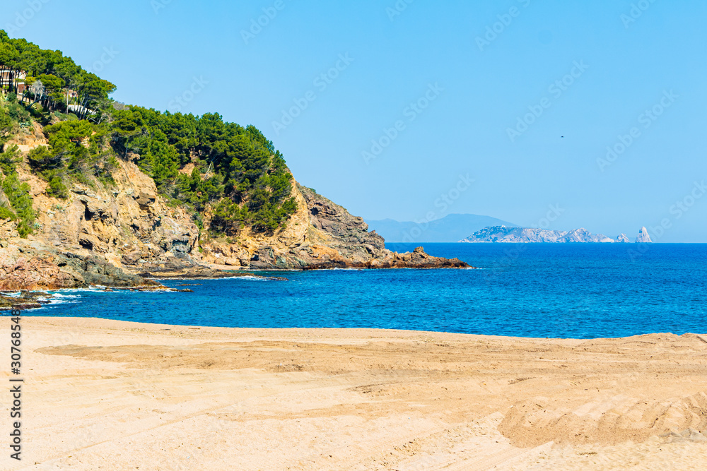 View of the Melas illas from the beach of Sa Riera, Begur,Costa Brava, Catalonia, Spain
