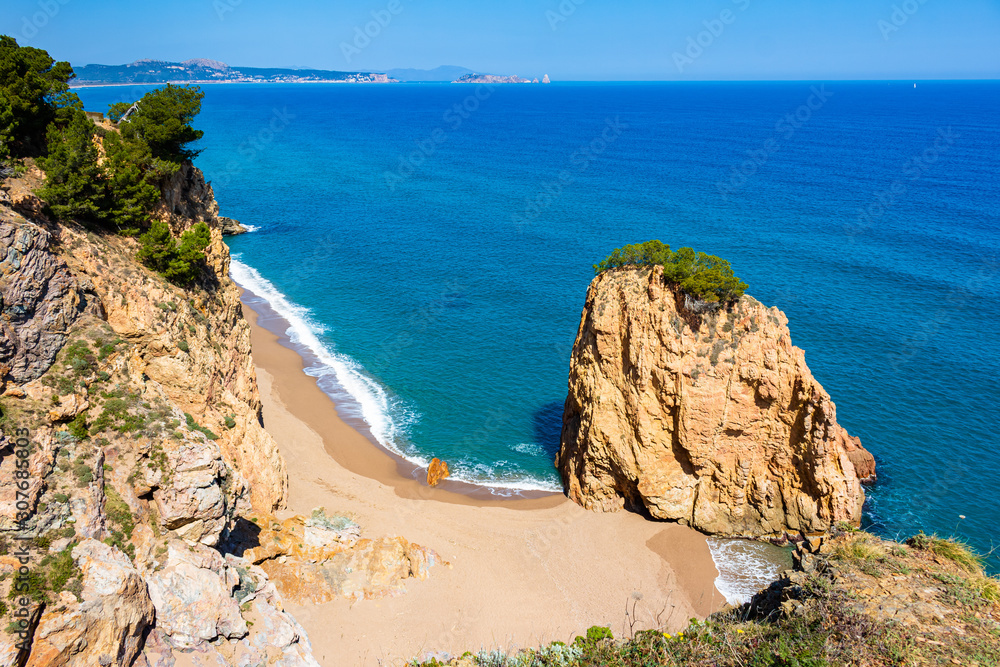 View of the Red Island from the coastal path of Sa Riera beach to Pals beach, Begur, Costa Brava, Catalonia, Spain