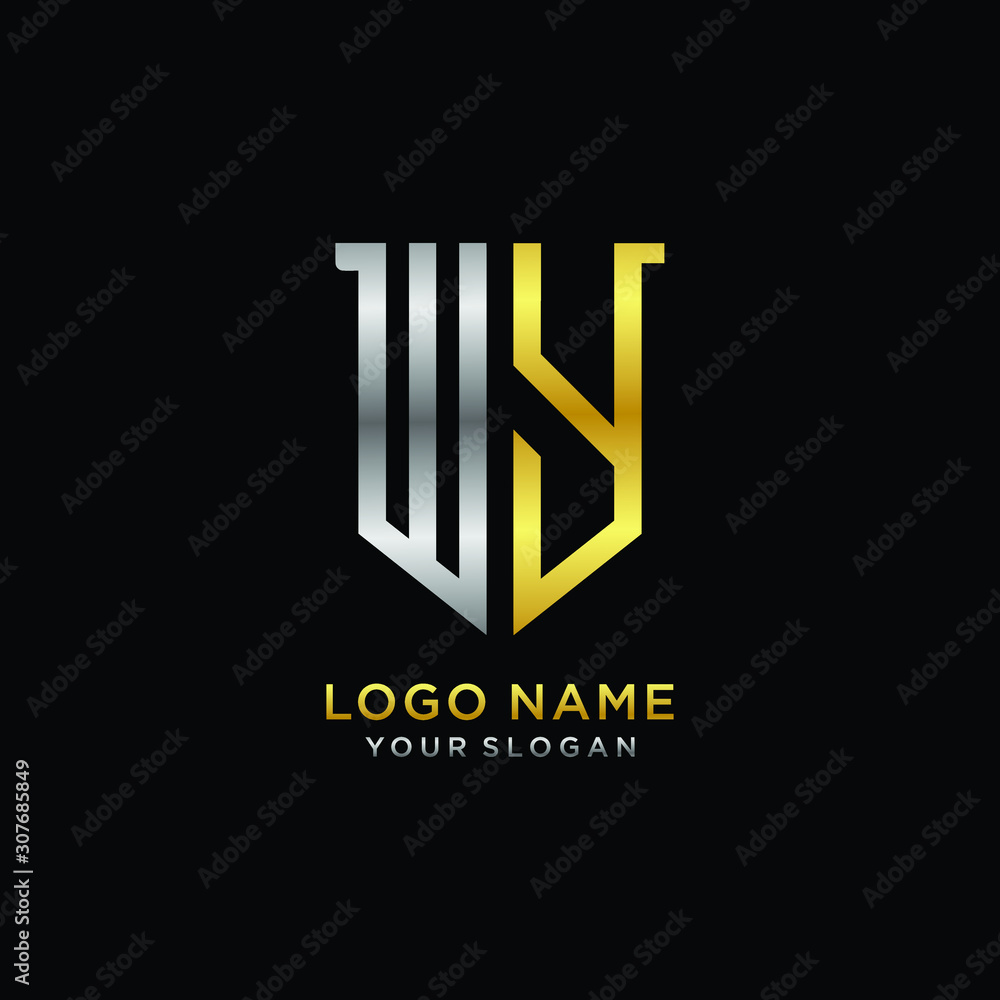 11 Abstract letter WY shield logo design template. Premium nominal monogram business sign.shield shape Letter Design in silver gold color