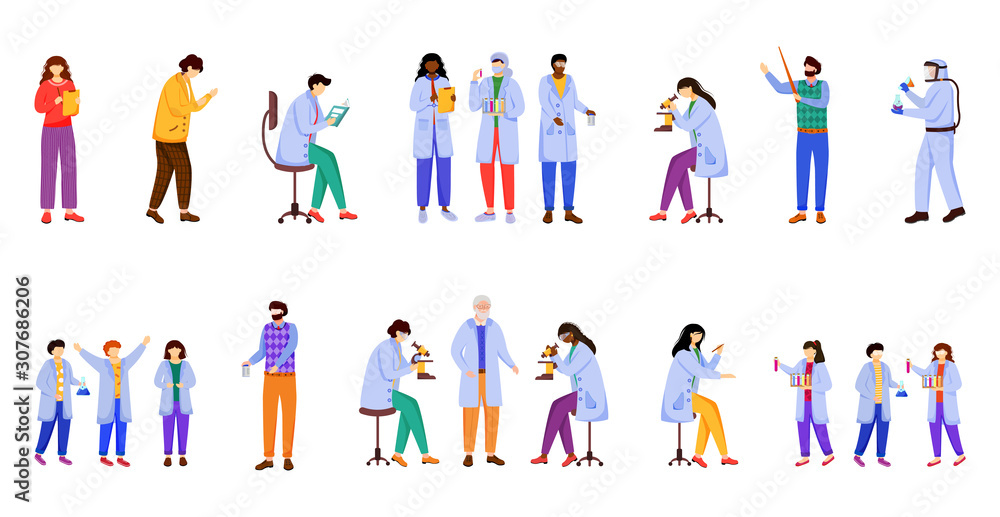 Scientific experiments flat vector illustration set. Chemistry in school. Activities for children. Conducting researches. Studying biology, chemistry isolated cartoon character on white background