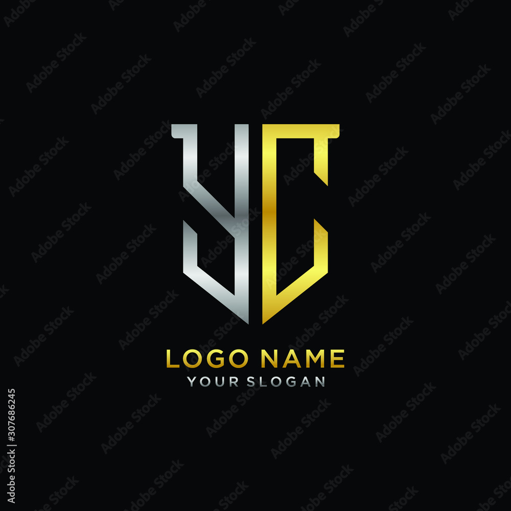 11 Abstract letter YC shield logo design template. Premium nominal monogram business sign.shield shape Letter Design in silver gold color