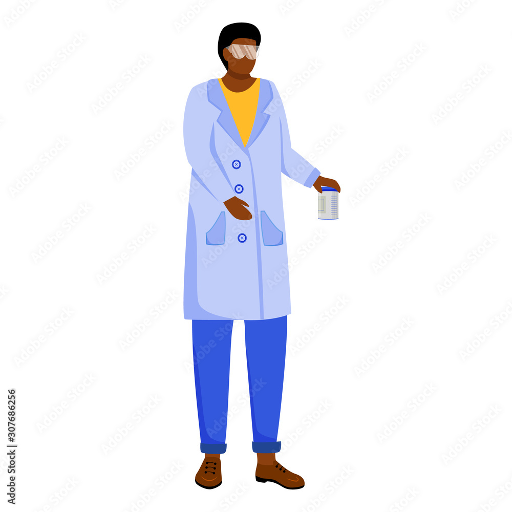 Scientist in lab coat with protection glasses flat vector illustration. Studying medicine, chemistry. Laboratory experiment. Woman with chemicals can isolated cartoon character on white background Scientist in lab coat with protection glasses flat vector illustration. Studying medicine, chemistry. Laboratory experiment. Woman with chemicals can isolated cartoon character on white background