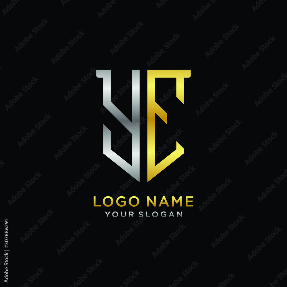 11 Abstract letter YE shield logo design template. Premium nominal monogram business sign.shield shape Letter Design in silver gold color 11 Abstract letter YE shield logo design template. Premium nominal monogram business sign.shield shape Letter Design in silver gold color