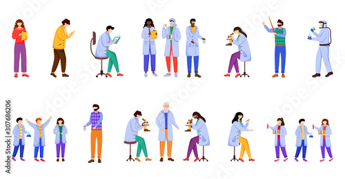 Scientific experiments flat vector illustration set. Chemistry in school. Activities for children. Conducting researches. Studying biology, chemistry isolated cartoon character on white background