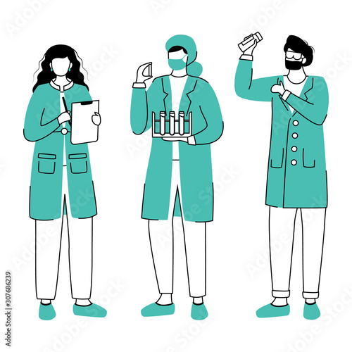 Scientists in lab coats flat contour vector illustration. Conducting experiment simple drawing. Women with test tubes, reactives isolated cartoon outline characters on white background