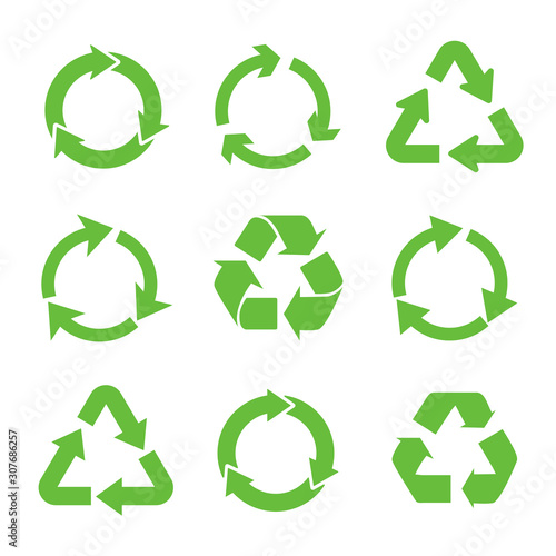 Set of green recycling symbol arrows. Vector illustration