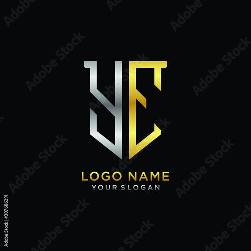 11 Abstract letter YE shield logo design template. Premium nominal monogram business sign.shield shape Letter Design in silver gold color